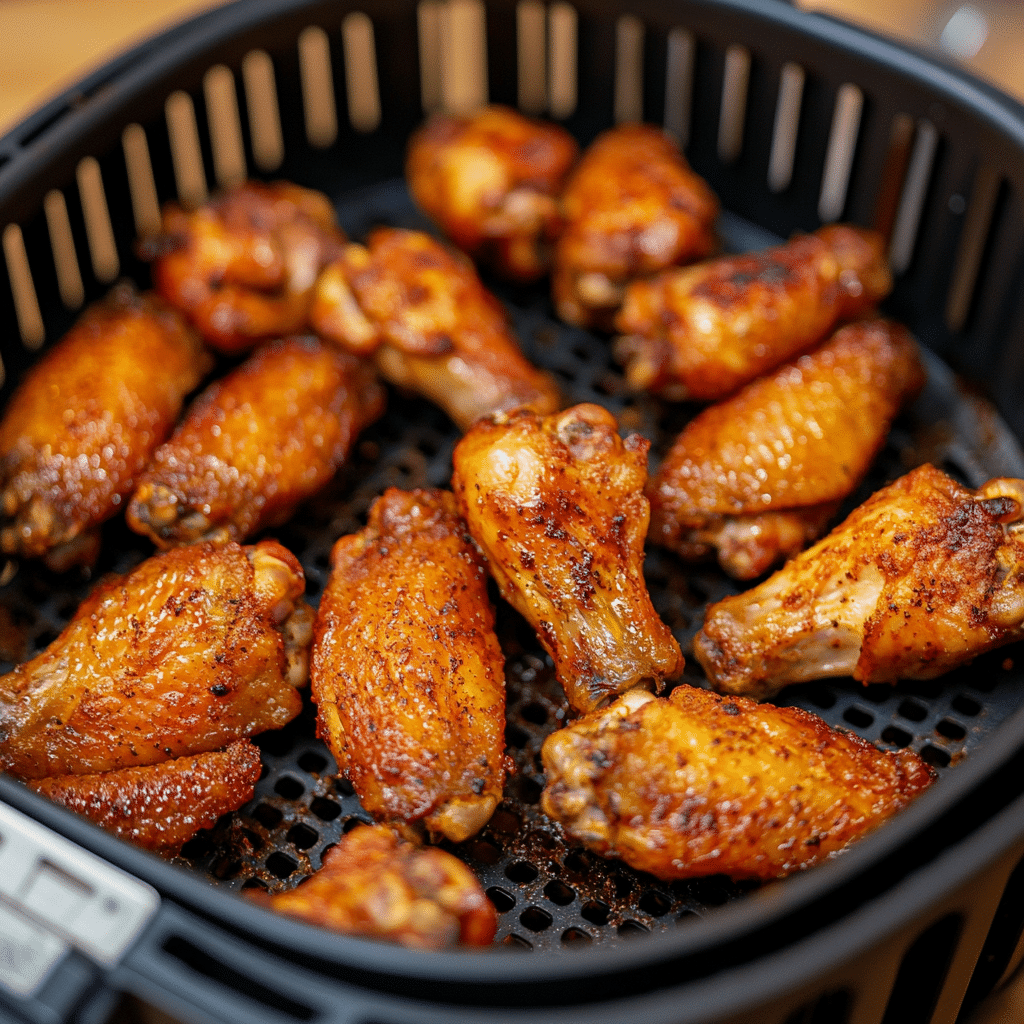 reheat-chicken-wings-in-air-fryer-featured.jpg Crispy chicken wings reheated in air fryer on wood countertop