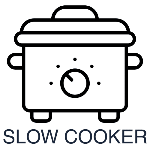 Navy blue slow cooker icon with steam lines above, labeled "SLOW COOKER" on white background