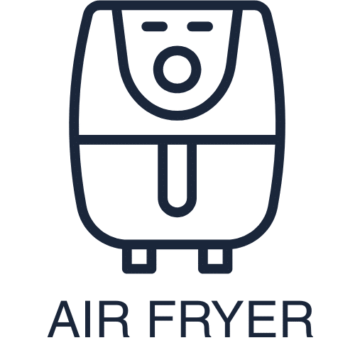 Air fryer icon with chicken drumstick and heat lines, labeled "AIR FRYER" below