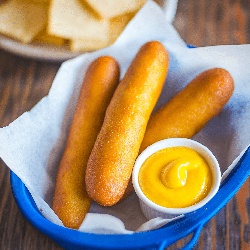 Corndog in the air fryer served in a basket with yellow mustard dipping sauce