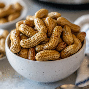 Boiled peanuts in Instant Pot close-up in white bowl