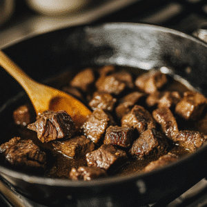 browning sirloin cubes in a Dutch oven for chili