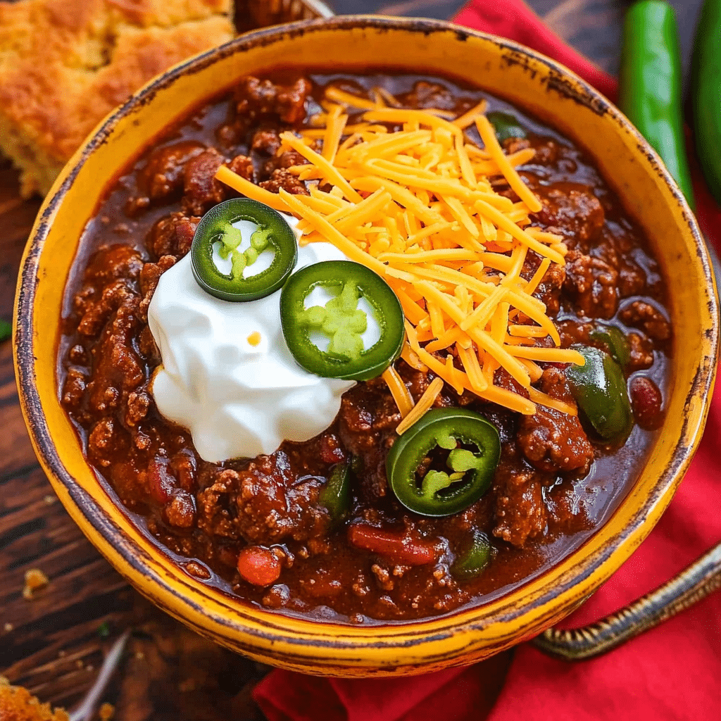 Chili sirloin steak topped with cheese, sour cream, and jalapeños