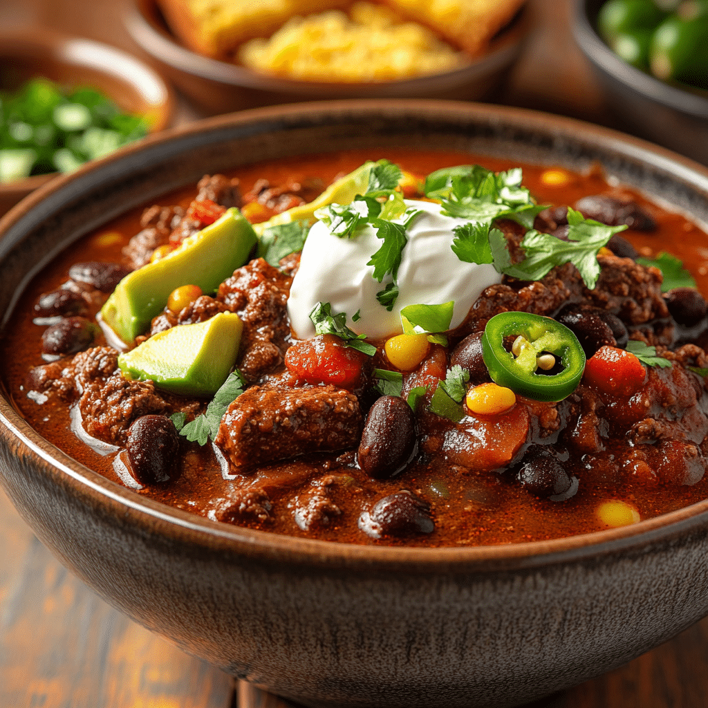 close-up chili sirloin steak bowl with toppings on rustic table