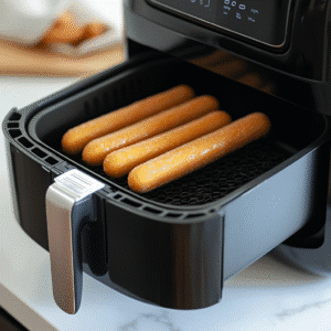 Corndogs in the air fryer spaced evenly before cooking