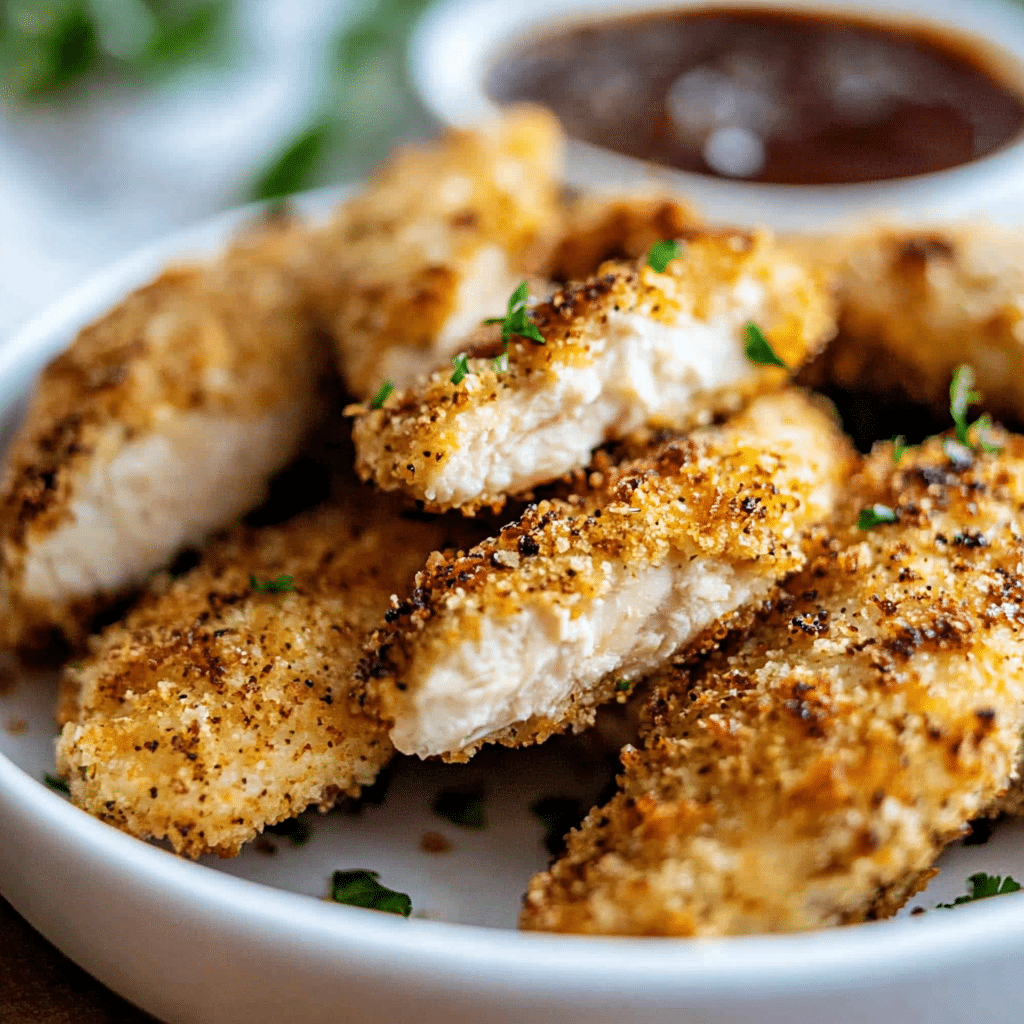 Crispy reheated chicken tenders served with dipping sauce