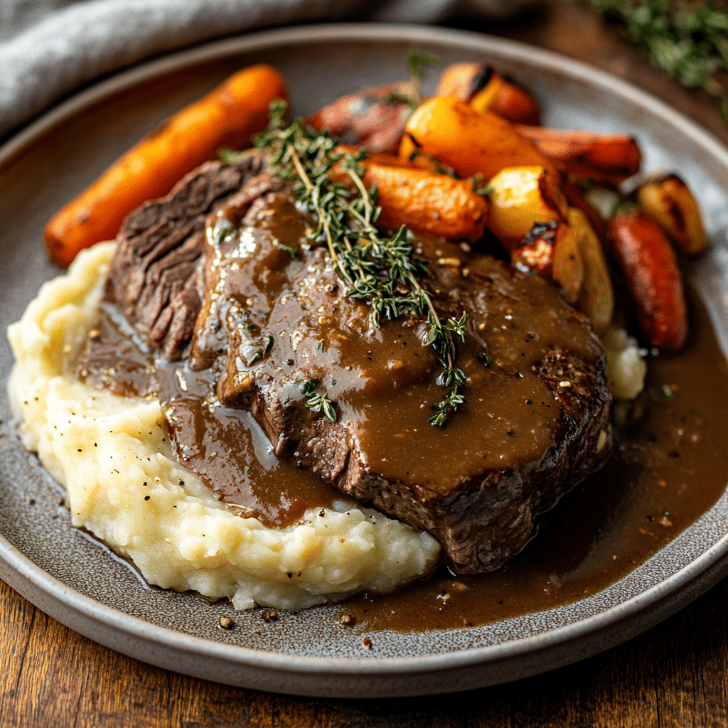 served slow-cooked round steak with gravy and mashed potatoes