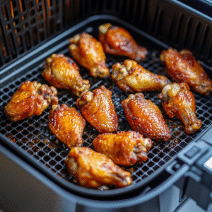 Placing chicken wings in a single layer inside an air fryer basket for even reheating
