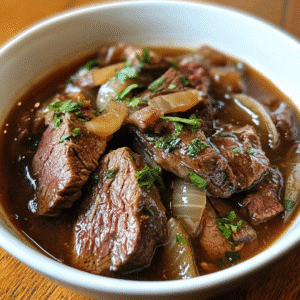 Fork-tender round steak slow-cooked with onions, broth, and herbs in a white bowl.