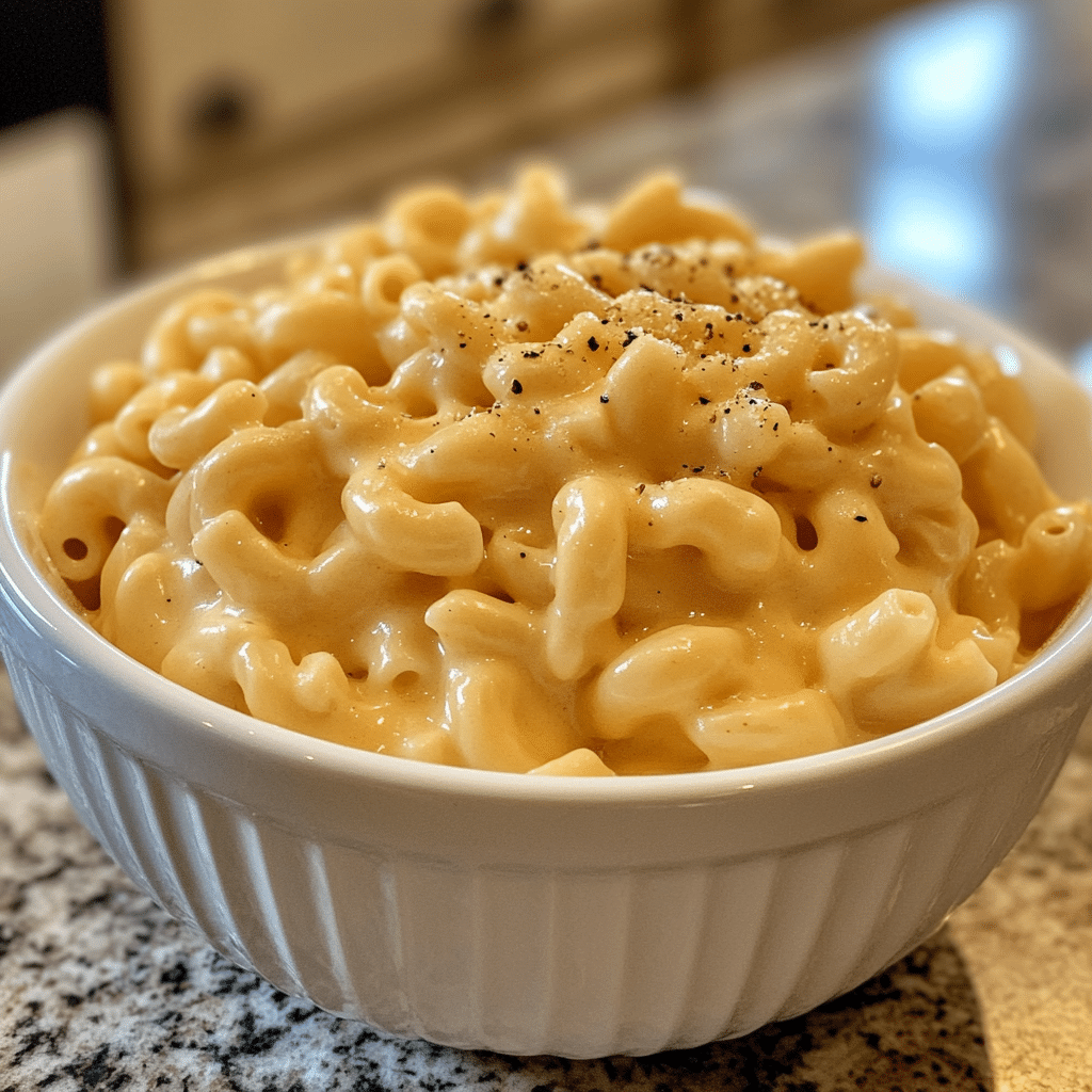 slow cooker mac n cheese with Velveeta in a white bowl