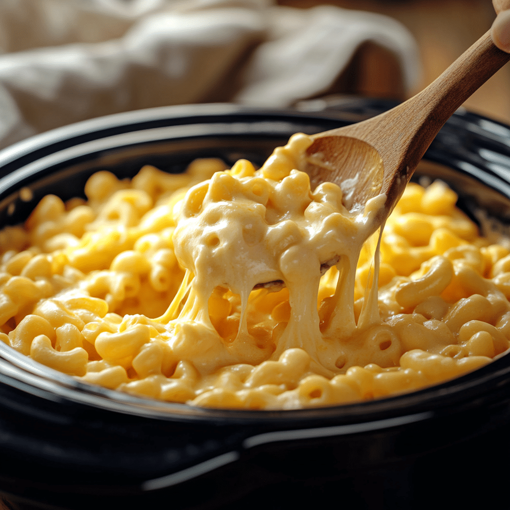 Slow cooker mac n cheese with Velveeta being scooped from the slow cooker with a wooden spoon
