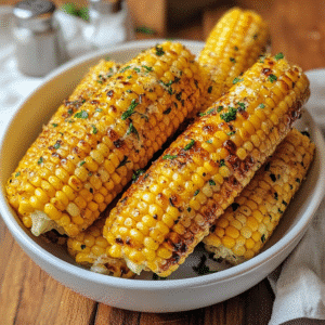 air fryer recipes corn on the cob in white bowl with herbs