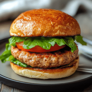 Air fryer frozen turkey burger served on toasted brioche bun