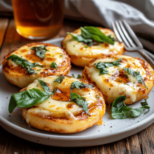 Served air fryer bagel pizzas with cheese, basil, and hot honey drizzle