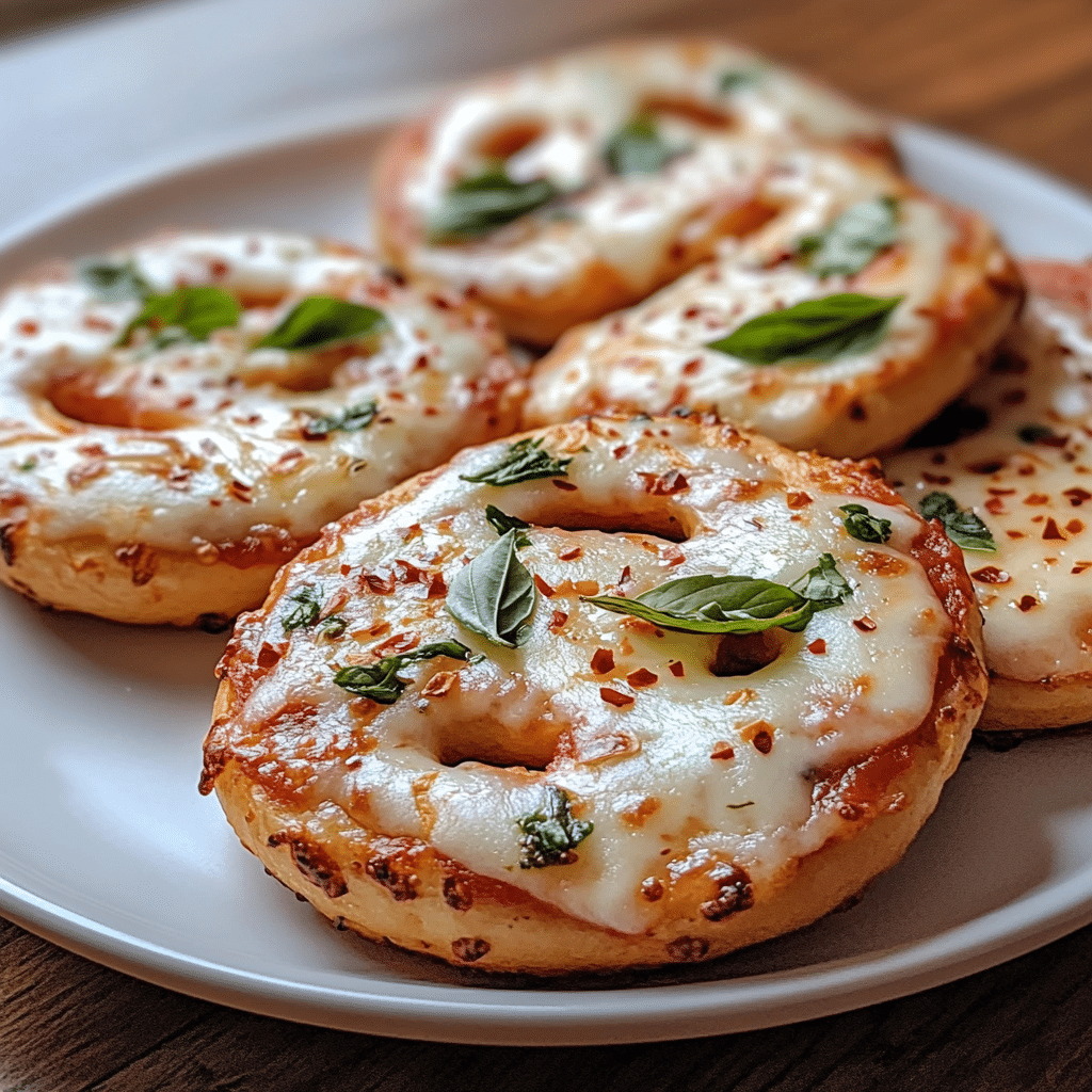 Bagel pizzas air fryer style served hot with fresh garnish on a white plate
