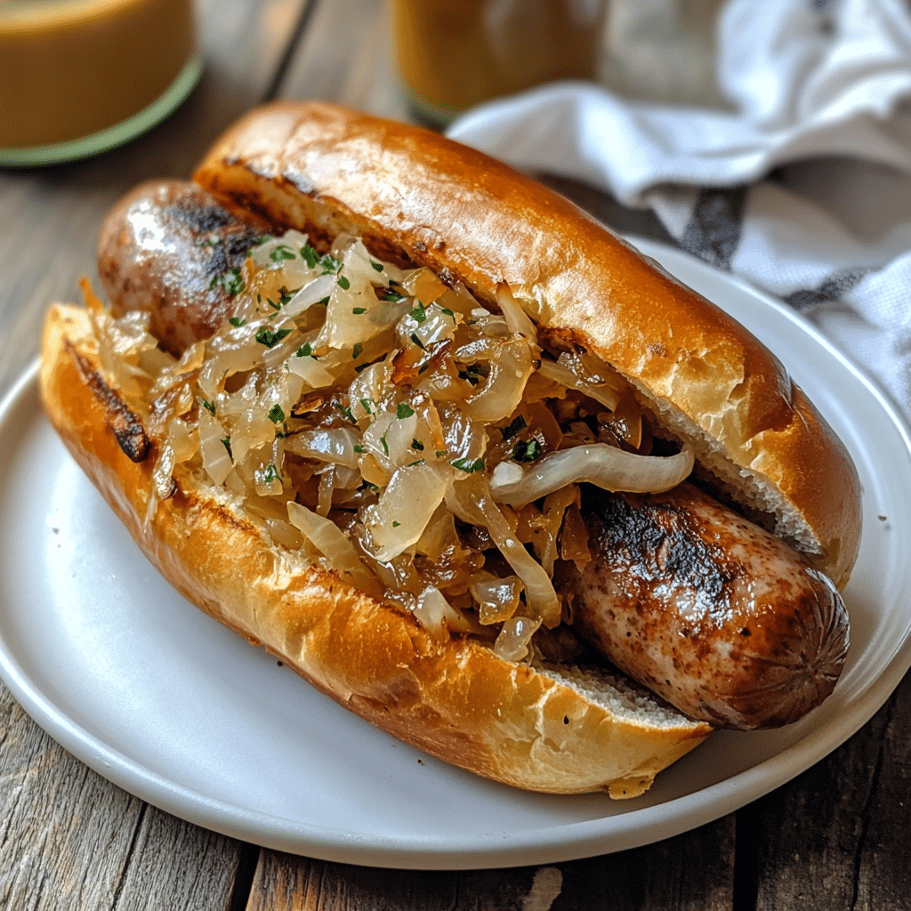 Bratwurst air fryer recipe in pretzel bun with toppings