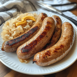 Bratwurst air fryer sausages served with mustard and kraut