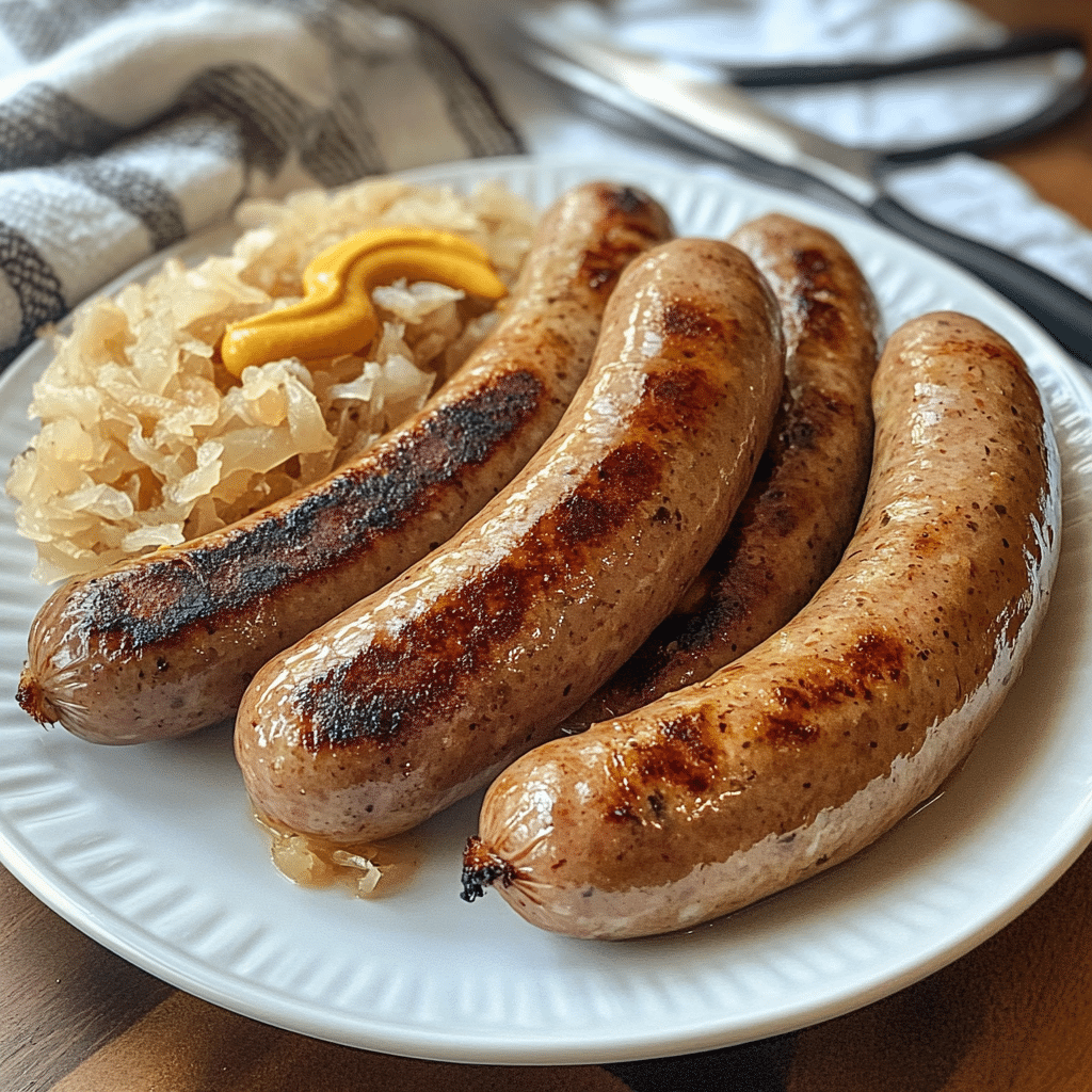 Bratwurst air fryer sausages served with mustard and kraut