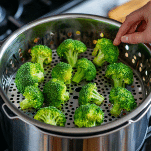Arranging broccoli in Instant Pot steamer before sealing