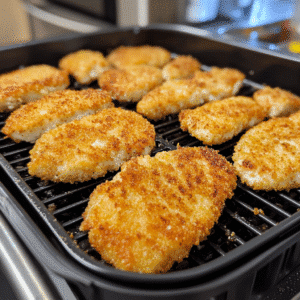 chicken cutlet air fryer recipe – breaded cutlets placed in air fryer basket