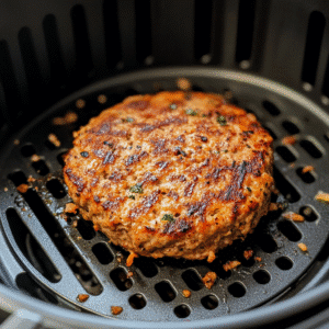 Frozen turkey burger cooking in air fryer basket