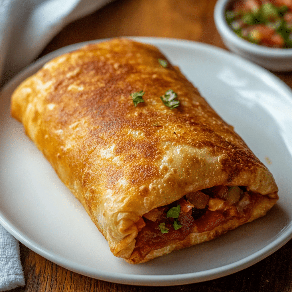 Reheat chimichanga in air fryer to crispy perfection on a white plate