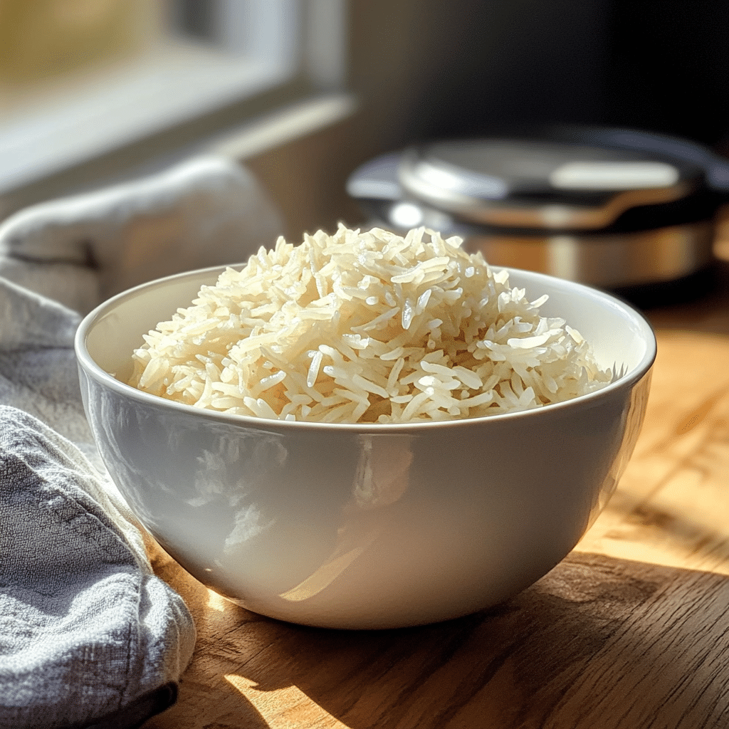 Fluffy basmati rice in Instant Pot bowl on counter