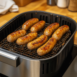 Flipping bratwurst in air fryer during cooking