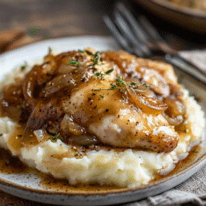 french onion chicken plated with mashed potatoes and melted cheese