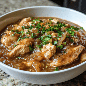 french onion chicken slow cooker in white bowl, close-up