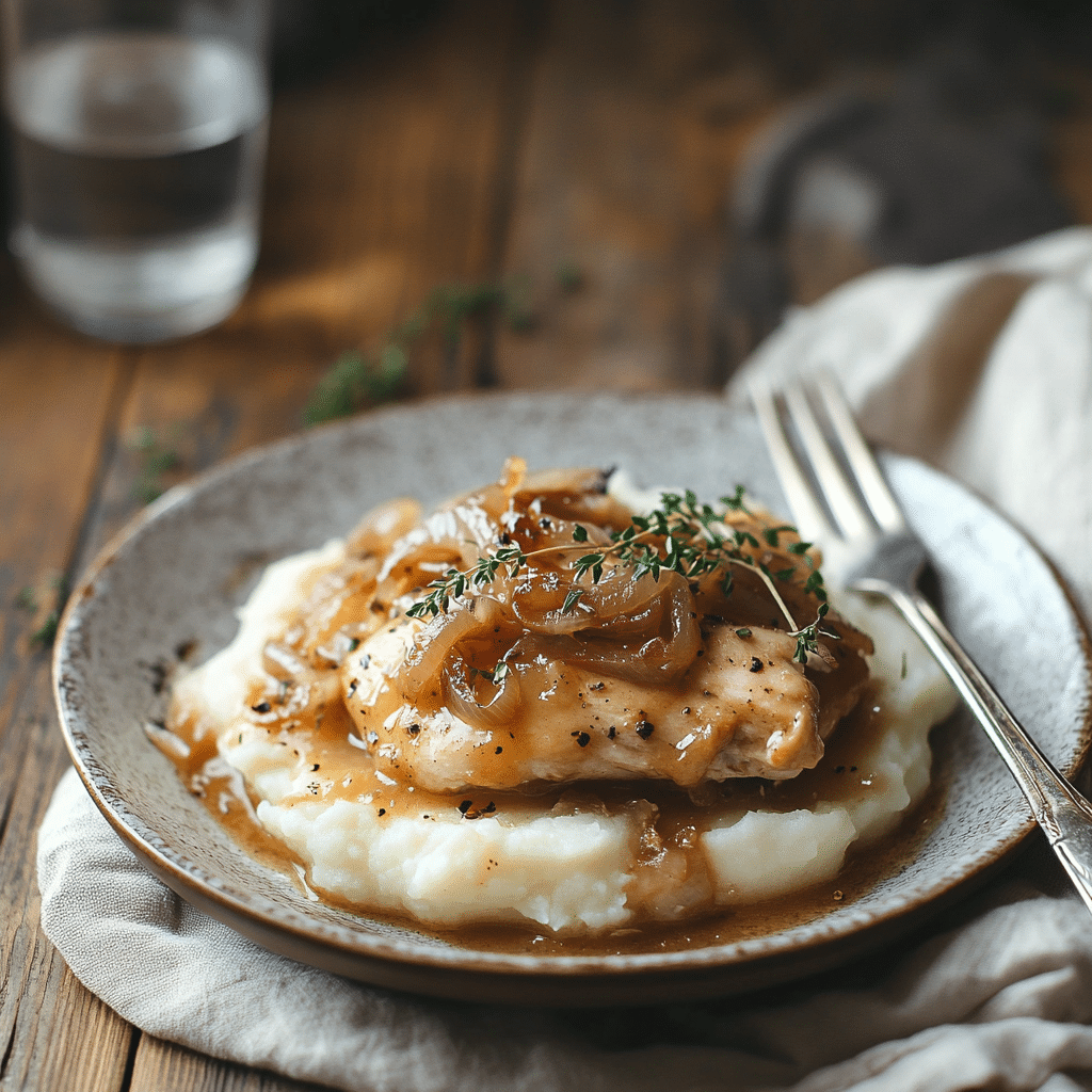 french onion chicken slow cooker served with mashed potatoes and melted cheese