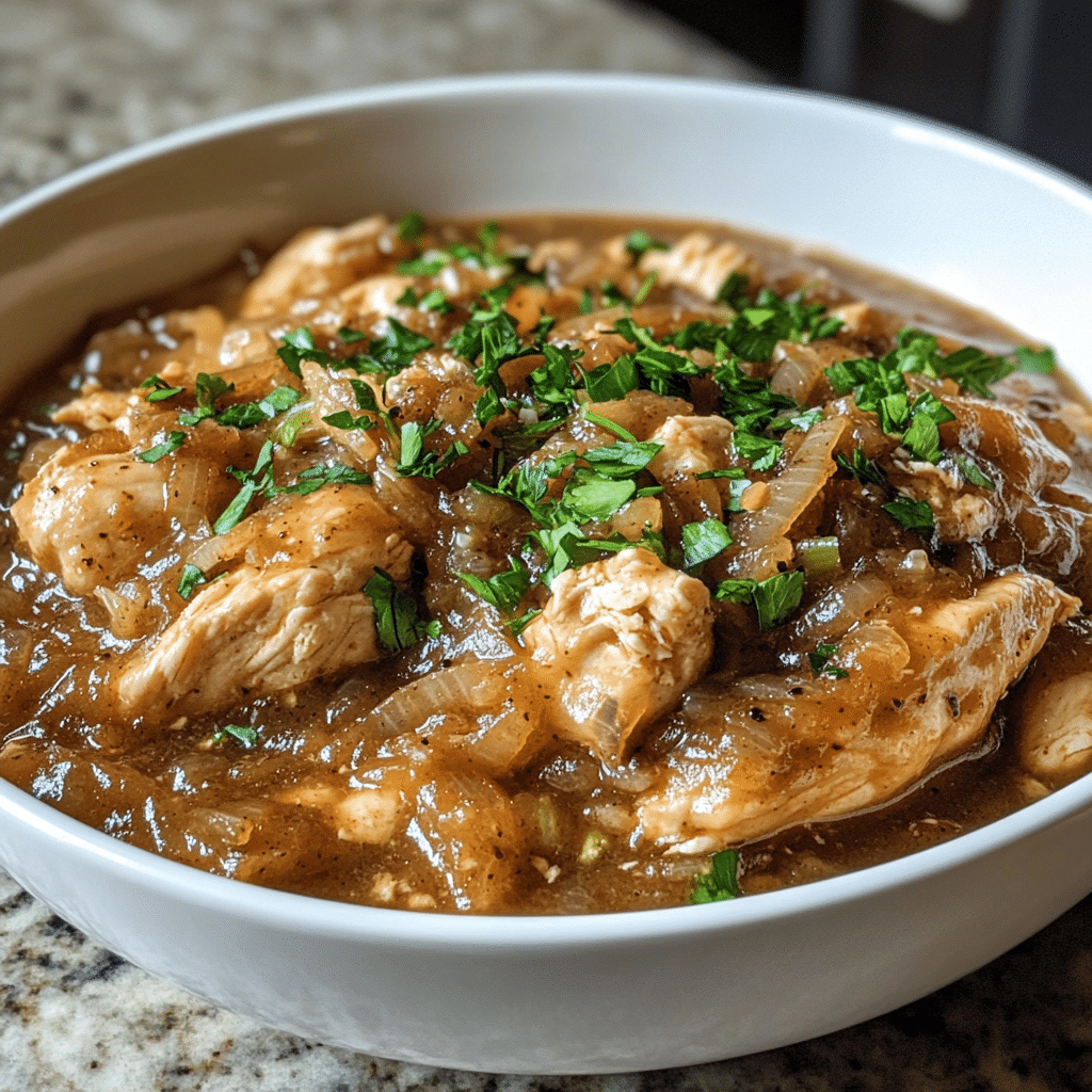 french onion chicken slow cooker in white bowl, close-up