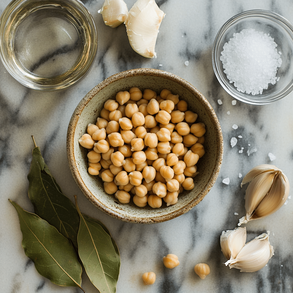 Key ingredients for cooking chickpeas in the Instant Pot, shown close-up on a kitchen counter