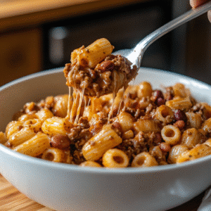 Finished Instant Pot ground beef pasta bowl served hot
