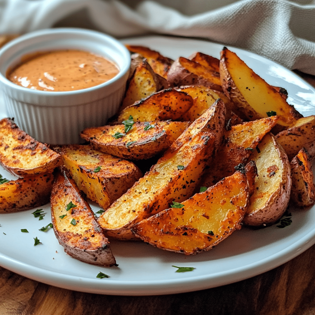 Air fryer red potato wedges served with dipping sauce