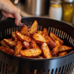 Placing red potato wedges into air fryer basket