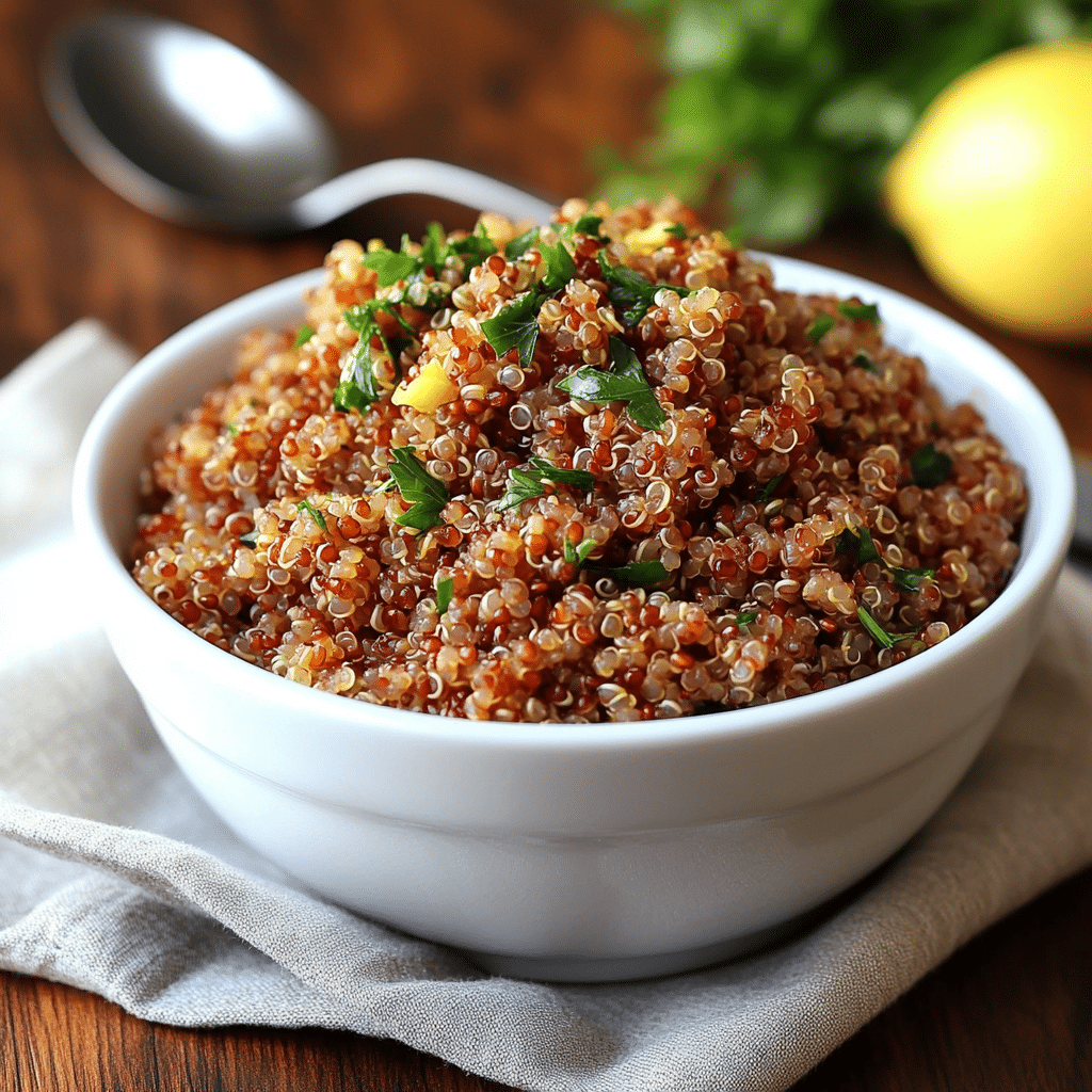 Creamy Beef and Bowtie Pasta with Fresh Herbs Red quinoa Instant Pot served fluffy in a white bowl