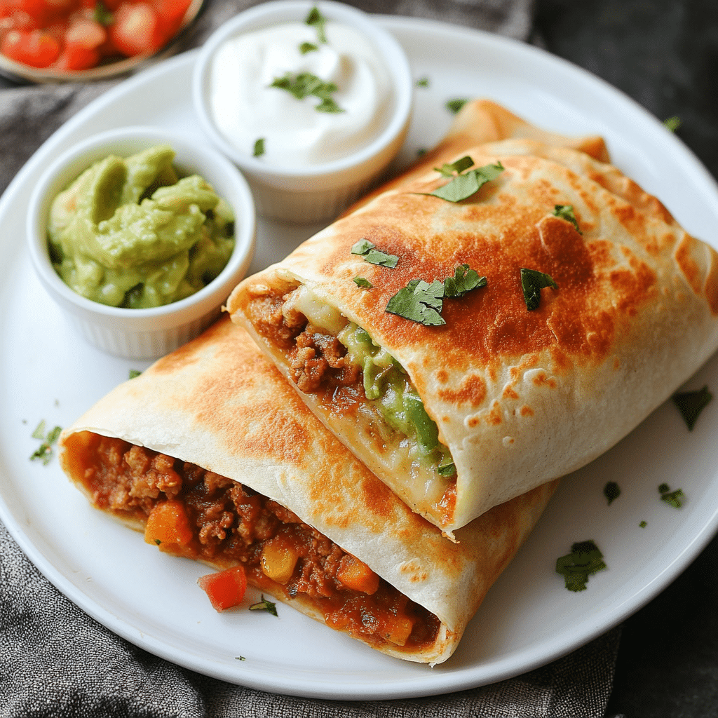 Reheat chimichanga in air fryer served with guacamole and sour cream on white plate
