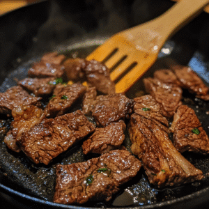 Skirt steak seared in cast iron skillet