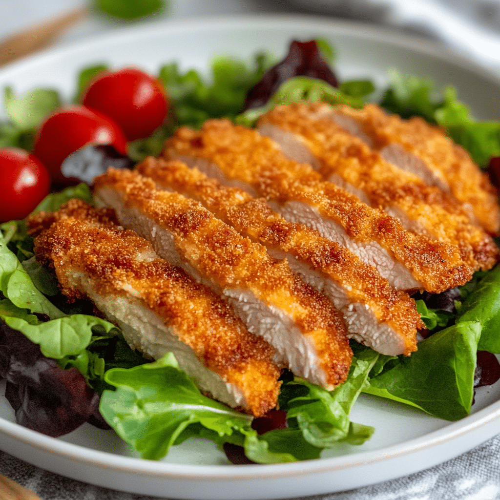 sliced chicken cutlet air fryer recipe served on salad greens and tomatoes
