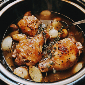 Chicken leg quarters mid-cook in broth with garlic and onions