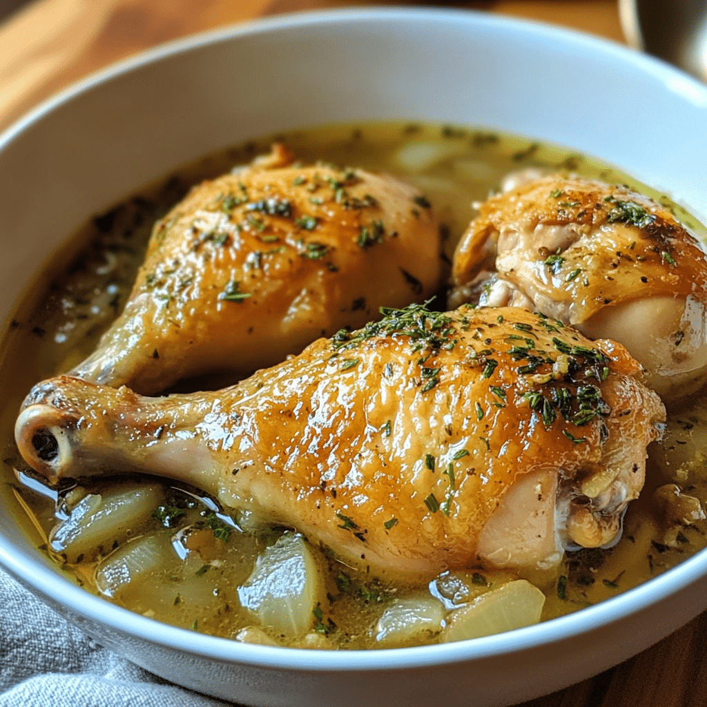 Slow cooked leg quarters served in broth with herbs and onions