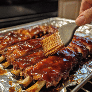 Brushing Coke glaze onto slow cooked ribs
