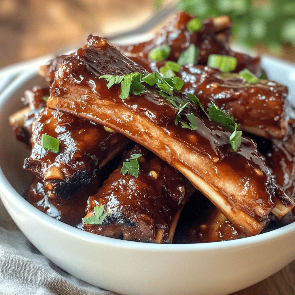 Slow cooked ribs in Coke served in a white bowl