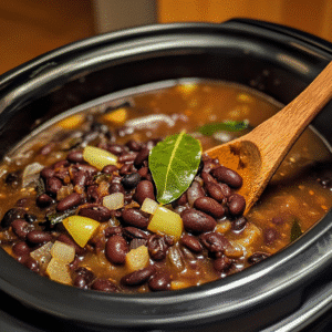 Slow cooker black beans cooking with garlic and bay leaves