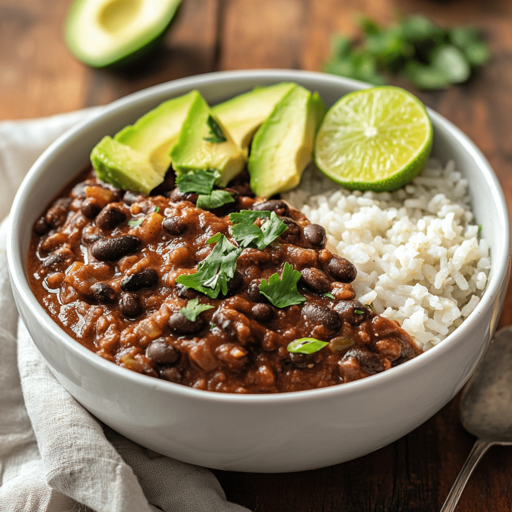 Serving of slow cooker black beans with avocado and rice