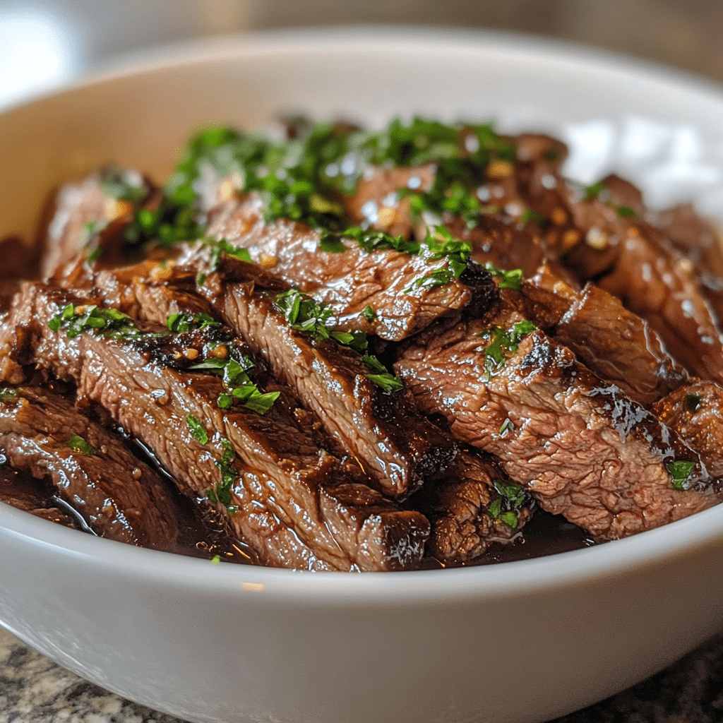 Slow cooking skirt steak in a white bowl