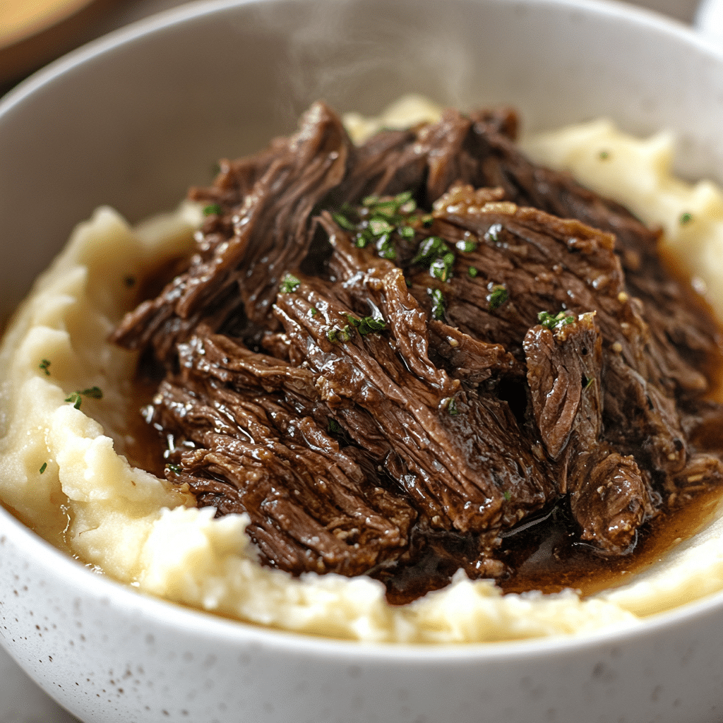  Shredded slow cooking skirt steak over mashed potatoes