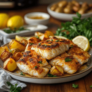 Plated cod air fryer recipe with sides