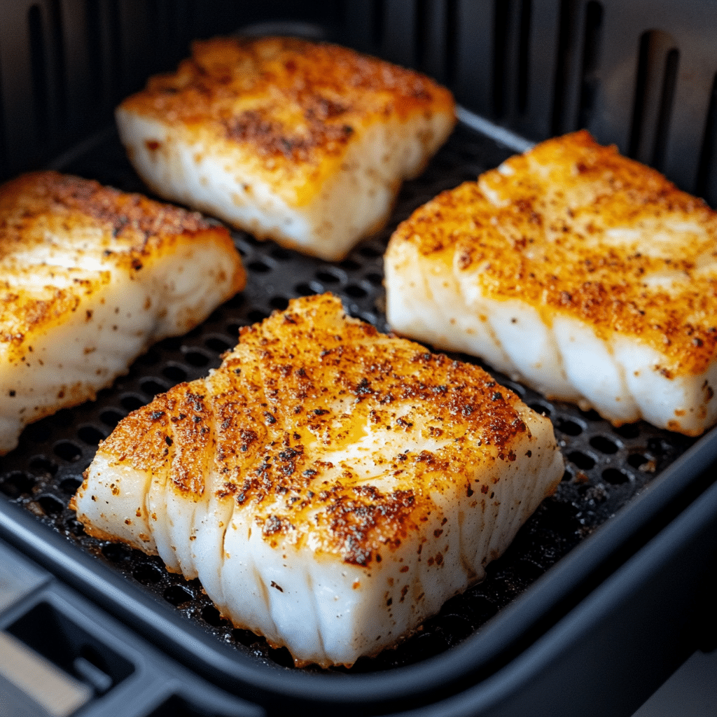 Cod fillets cooking in air fryer basket